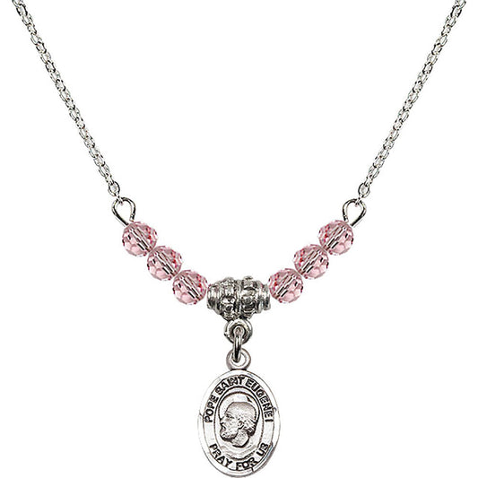Sterling Silver Pope Saint Eugene I Birthstone Necklace with Light Rose Beads - 9352