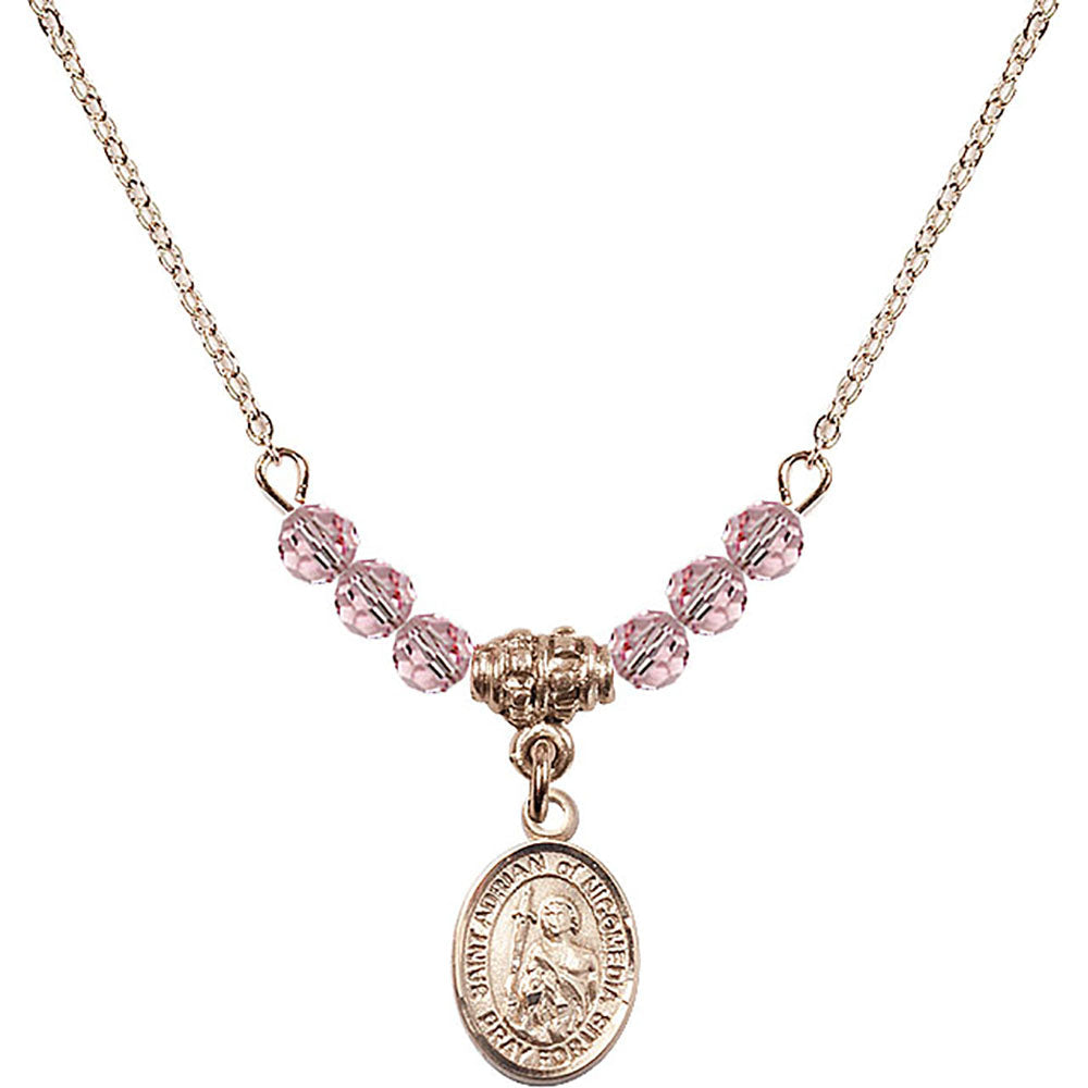 14kt Gold Filled Saint Adrian of Nicomedia Birthstone Necklace with Light Rose Beads - 9353