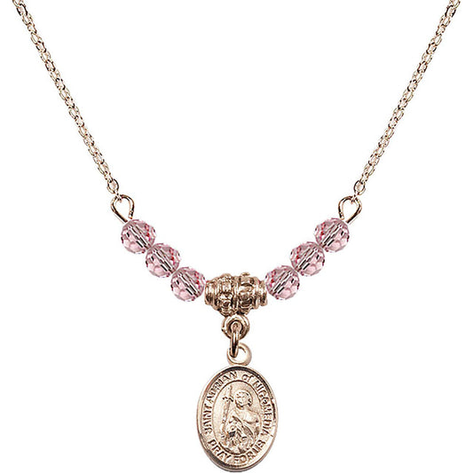 14kt Gold Filled Saint Adrian of Nicomedia Birthstone Necklace with Light Rose Beads - 9353