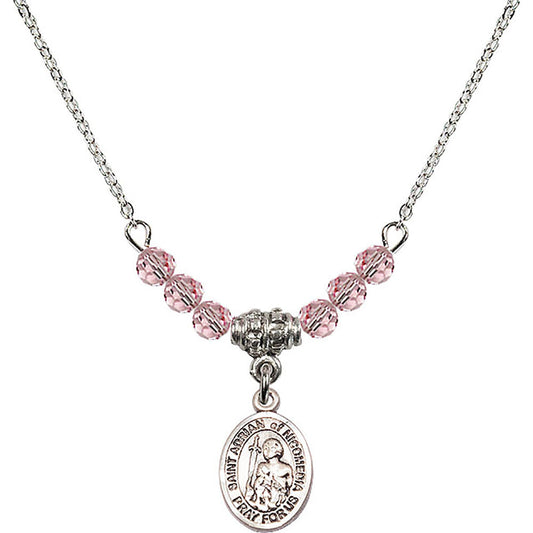 Sterling Silver Saint Adrian of Nicomedia Birthstone Necklace with Light Rose Beads - 9353
