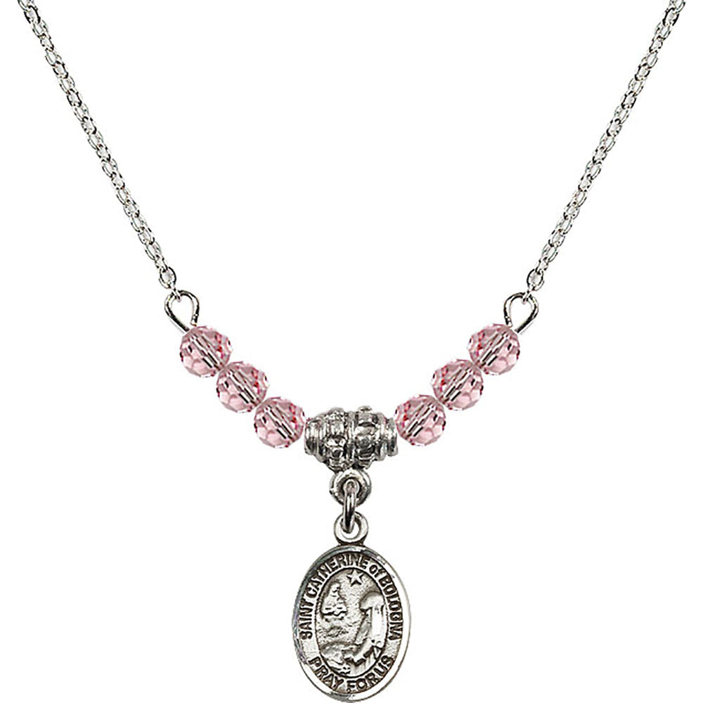 Sterling Silver Saint Catherine of Bologna Birthstone Necklace with Light Rose Beads - 9354
