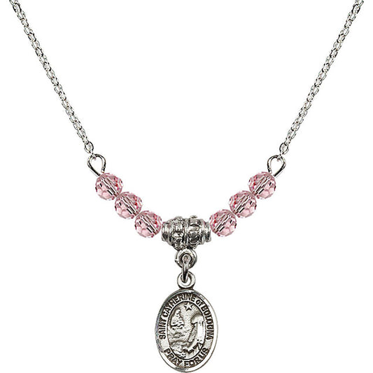 Sterling Silver Saint Catherine of Bologna Birthstone Necklace with Light Rose Beads - 9354