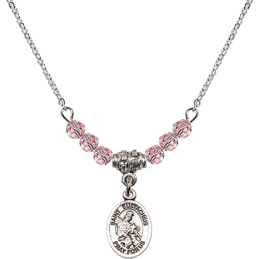 Sterling Silver Saint Eustachius Birthstone Necklace with Light Rose Beads - 9356