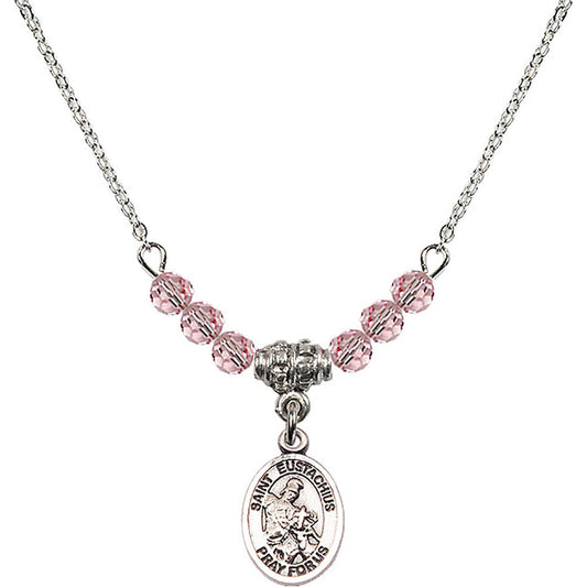 Sterling Silver Saint Eustachius Birthstone Necklace with Light Rose Beads - 9356