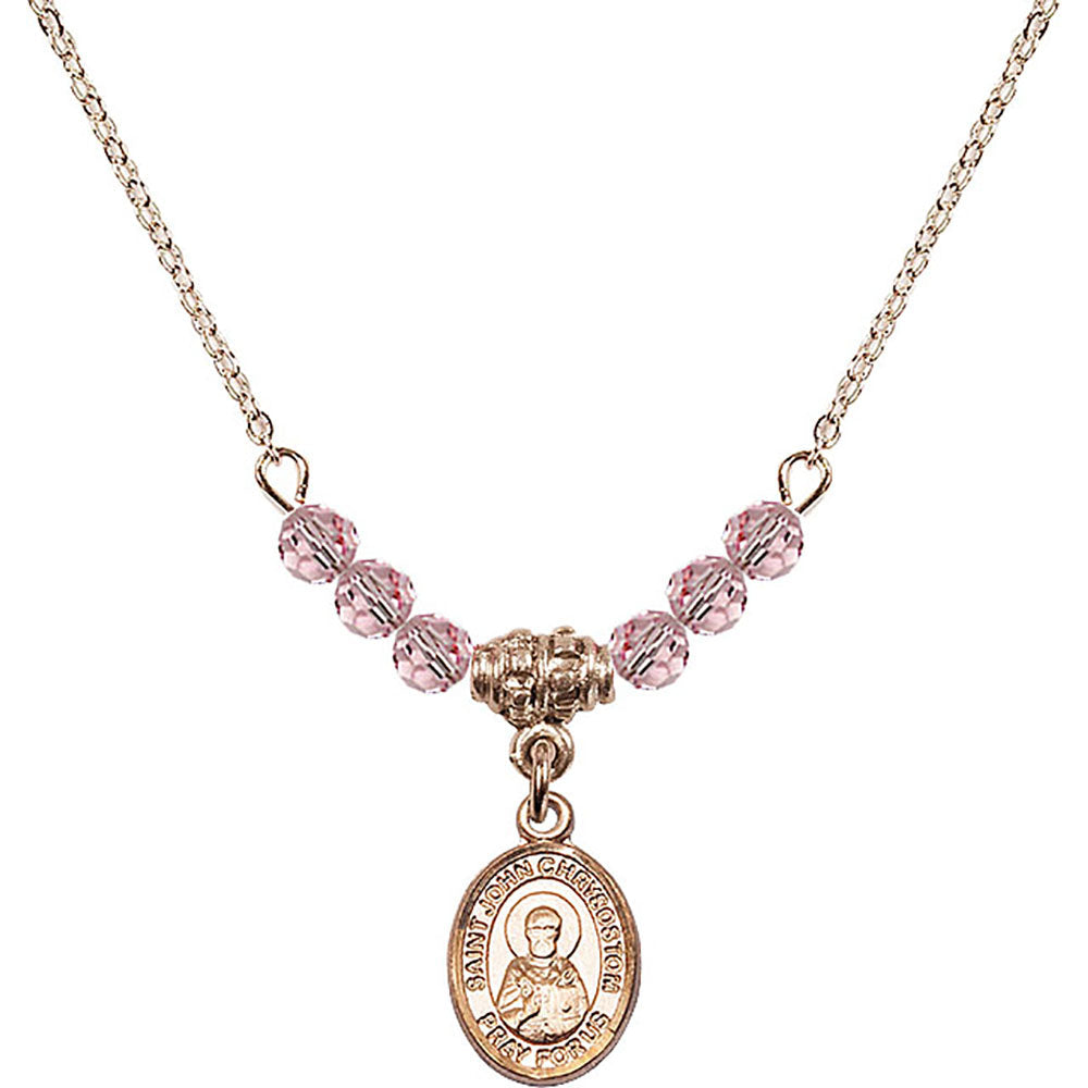 14kt Gold Filled Saint John Chrysostom Birthstone Necklace with Light Rose Beads - 9357