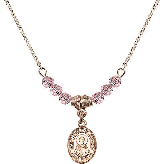 14kt Gold Filled Saint John Chrysostom Birthstone Necklace with Light Rose Beads - 9357