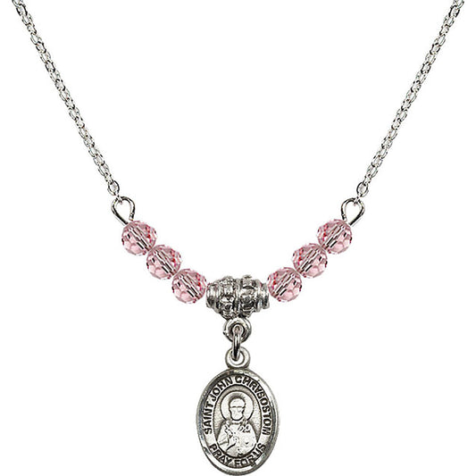 Sterling Silver Saint John Chrysostom Birthstone Necklace with Light Rose Beads - 9357