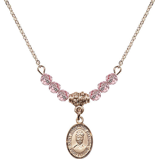 14kt Gold Filled Saint Josephine Bakhita Birthstone Necklace with Light Rose Beads - 9360