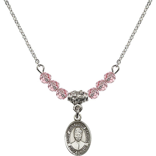 Sterling Silver Saint Josephine Bakhita Birthstone Necklace with Light Rose Beads - 9360