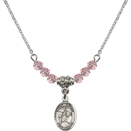 Sterling Silver Saint Edwin Birthstone Necklace with Light Rose Beads - 9361