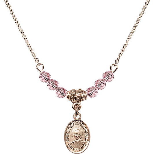 14kt Gold Filled Saint Josemaria Escriva Birthstone Necklace with Light Rose Beads - 9362