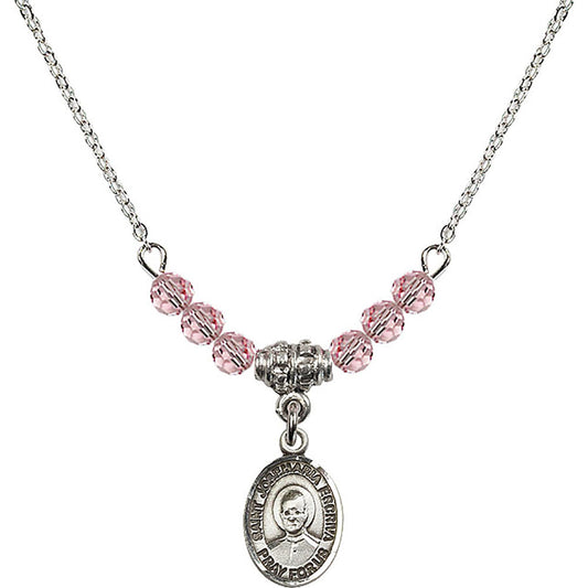 Sterling Silver Saint Josemaria Escriva Birthstone Necklace with Light Rose Beads - 9362