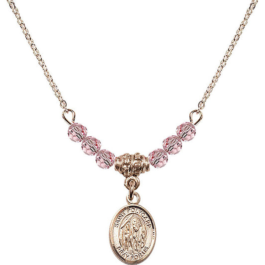 14kt Gold Filled Saint Polycarp of Smyrna Birthstone Necklace with Light Rose Beads - 9363