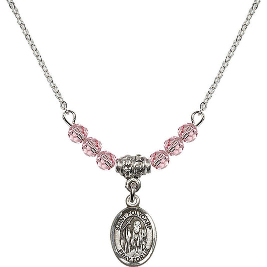 Sterling Silver Saint Polycarp of Smyrna Birthstone Necklace with Light Rose Beads - 9363