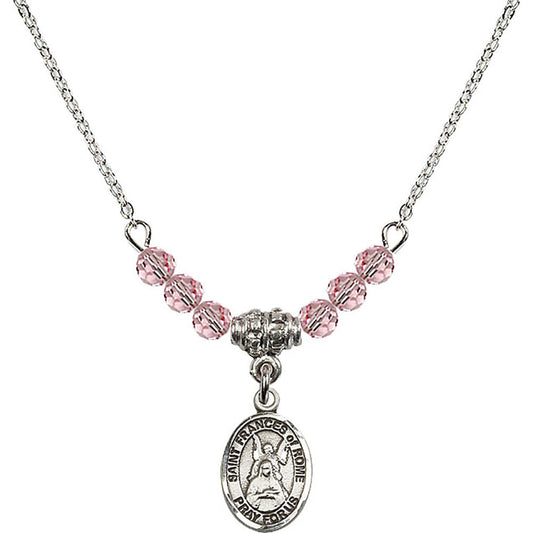 Sterling Silver Saint Frances of Rome Birthstone Necklace with Light Rose Beads - 9365