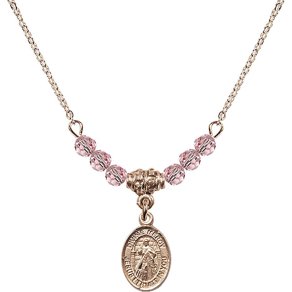 14kt Gold Filled Divine Mercy Birthstone Necklace with Light Rose Beads - 9366