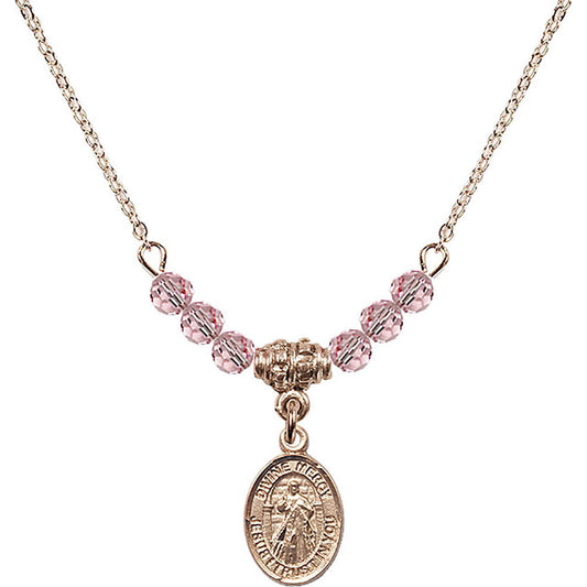 14kt Gold Filled Divine Mercy Birthstone Necklace with Light Rose Beads - 9366