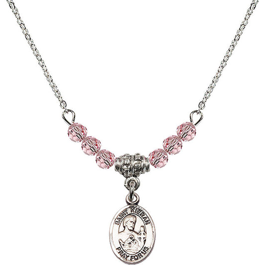 Sterling Silver Saint Kieran Birthstone Necklace with Light Rose Beads - 9367
