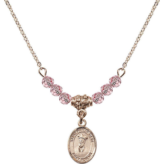 14kt Gold Filled Saint Philip Neri Birthstone Necklace with Light Rose Beads - 9369