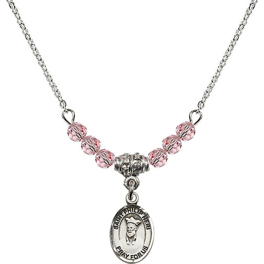 Sterling Silver Saint Philip Neri Birthstone Necklace with Light Rose Beads - 9369