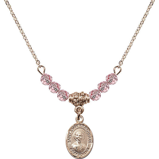14kt Gold Filled Saint John Berchmans Birthstone Necklace with Light Rose Beads - 9370