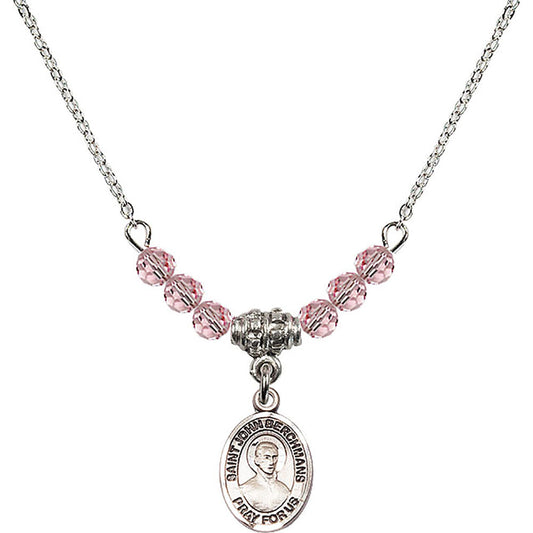 Sterling Silver Saint John Berchmans Birthstone Necklace with Light Rose Beads - 9370