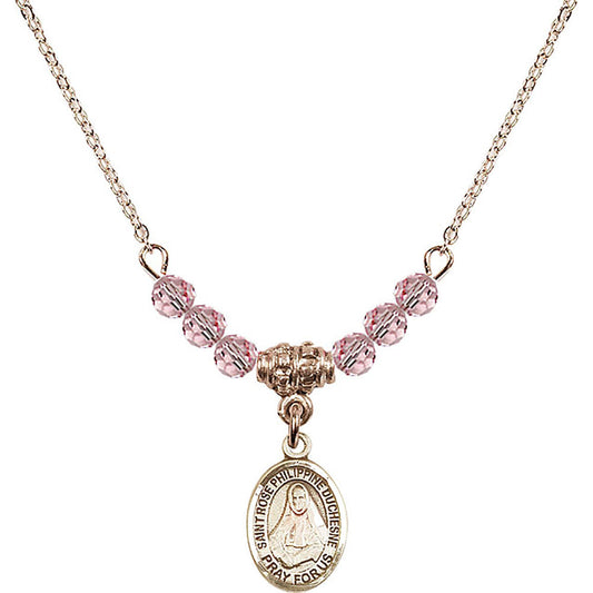 14kt Gold Filled Saint Rose Philippine Duchesne Birthstone Necklace with Light Rose Beads - 9371
