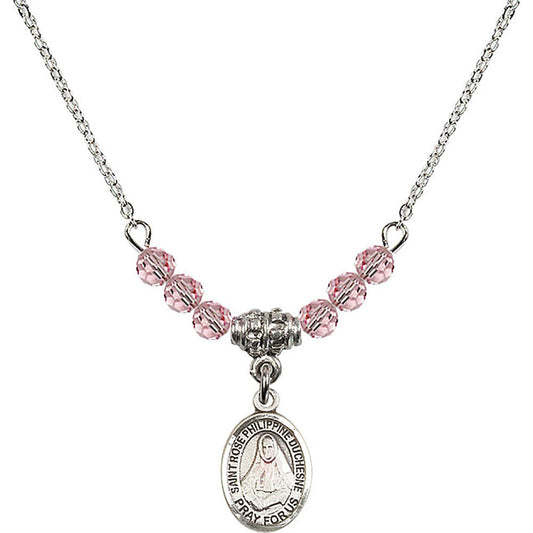 Sterling Silver Saint Rose Philippine Duchesne Birthstone Necklace with Light Rose Beads - 9371