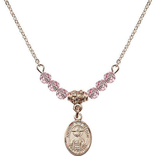14kt Gold Filled Saint Andrew Kim Taegon Birthstone Necklace with Light Rose Beads - 9373
