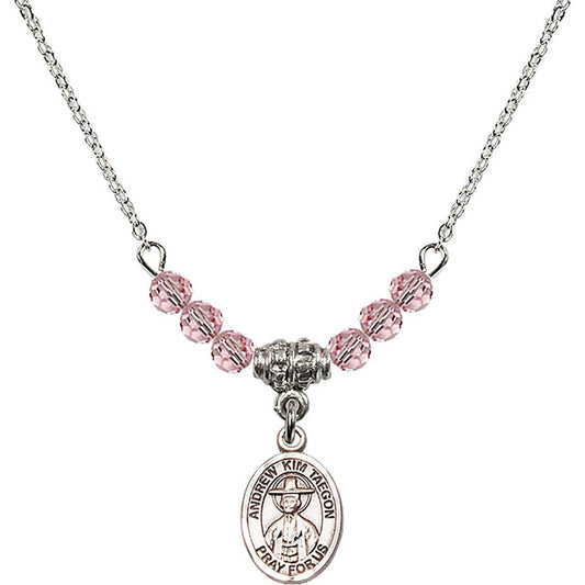 Sterling Silver Saint Andrew Kim Taegon Birthstone Necklace with Light Rose Beads - 9373