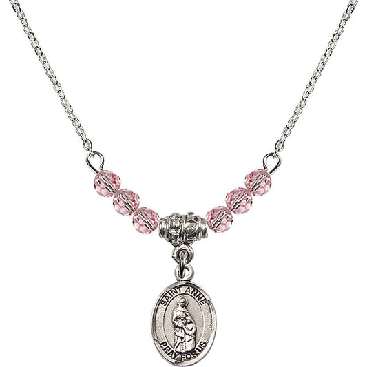 Sterling Silver Saint Anne Birthstone Necklace with Light Rose Beads - 9374