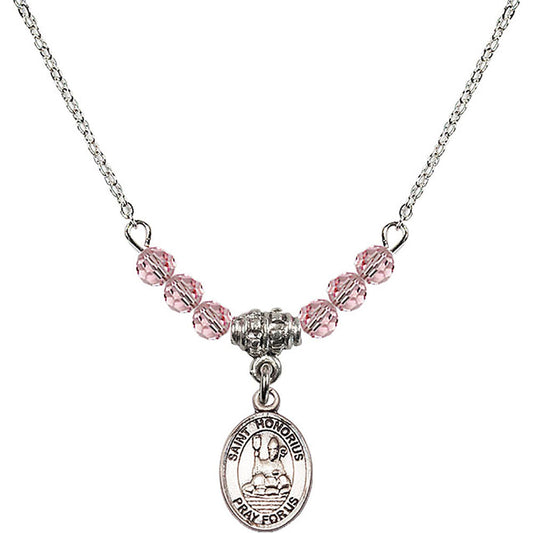 Sterling Silver Saint Honorius of Amiens Birthstone Necklace with Light Rose Beads - 9376