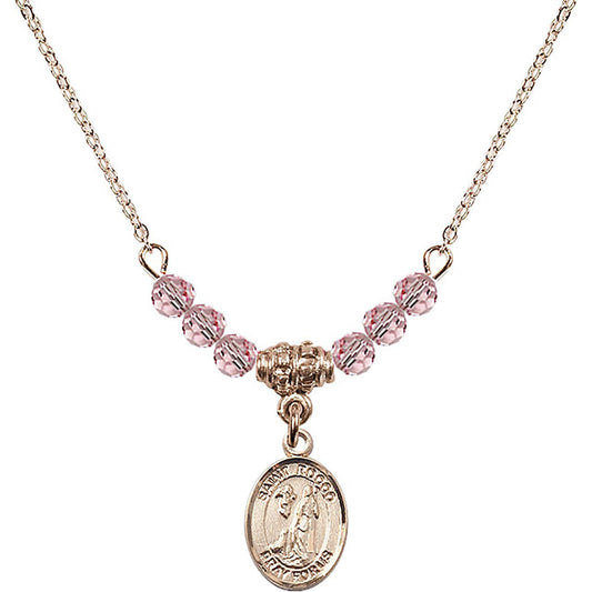 14kt Gold Filled Saint Rocco Birthstone Necklace with Light Rose Beads - 9377