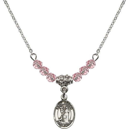Sterling Silver Saint Rocco Birthstone Necklace with Light Rose Beads - 9377