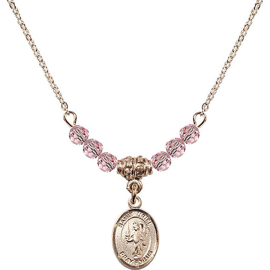 14kt Gold Filled Saint Uriel the Archangel Birthstone Necklace with Light Rose Beads - 9378