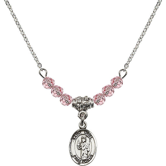 Sterling Silver Saint Uriel the Archangel Birthstone Necklace with Light Rose Beads - 9378