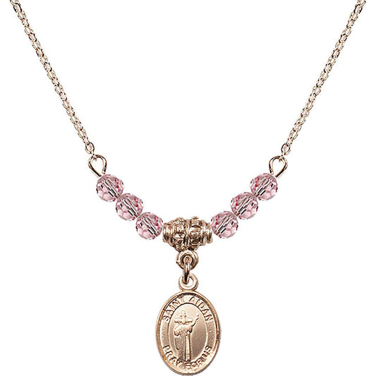 14kt Gold Filled Saint Aidan of Lindesfarne Birthstone Necklace with Light Rose Beads - 9381