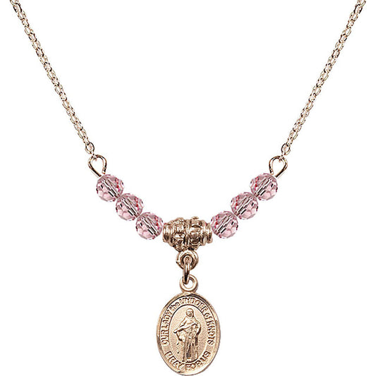 14kt Gold Filled Our Lady the Undoer of Knots Birthstone Necklace with Light Rose Beads - 9383