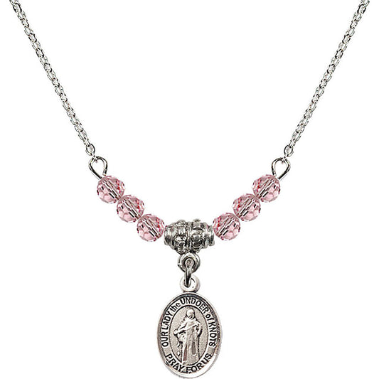 Sterling Silver Our Lady the Undoer of Knots Birthstone Necklace with Light Rose Beads - 9383