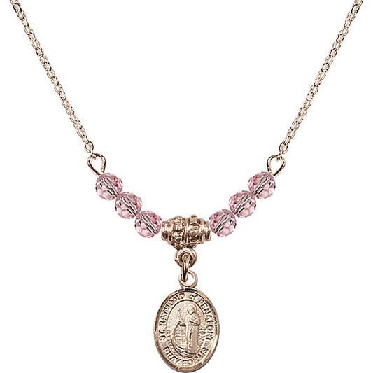14kt Gold Filled Saint Raymond of Penafort Birthstone Necklace with Light Rose Beads - 9385
