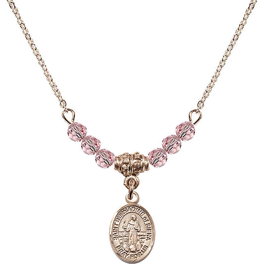 14kt Gold Filled Saint Bernadine of Sienna Birthstone Necklace with Light Rose Beads - 9387