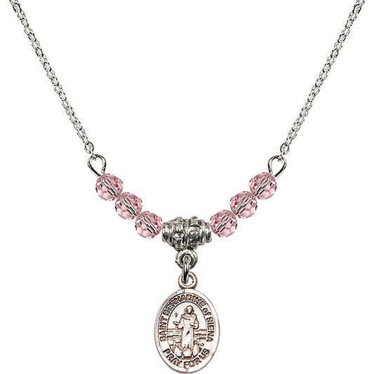 Sterling Silver Saint Bernadine of Sienna Birthstone Necklace with Light Rose Beads - 9387