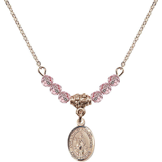 14kt Gold Filled Our Lady of Assumption Birthstone Necklace with Light Rose Beads - 9388