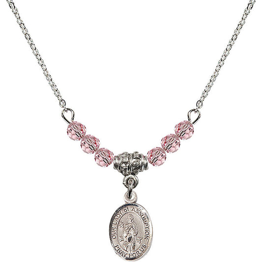 Sterling Silver Our Lady of Assumption Birthstone Necklace with Light Rose Beads - 9388