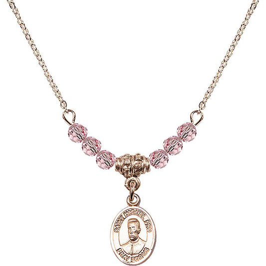 14kt Gold Filled Blessed Miguel Pro Birthstone Necklace with Light Rose Beads - 9389