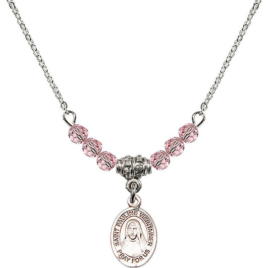 Sterling Silver Saint Pauline Visintainer Birthstone Necklace with Light Rose Beads - 9391