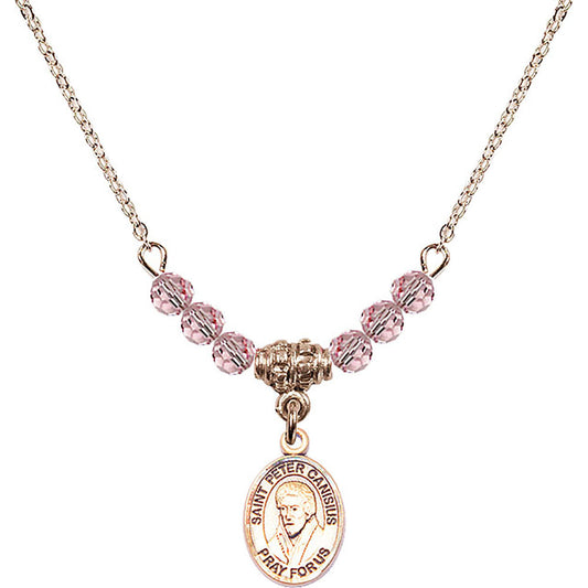 14kt Gold Filled Saint Peter Canisius Birthstone Necklace with Light Rose Beads - 9393