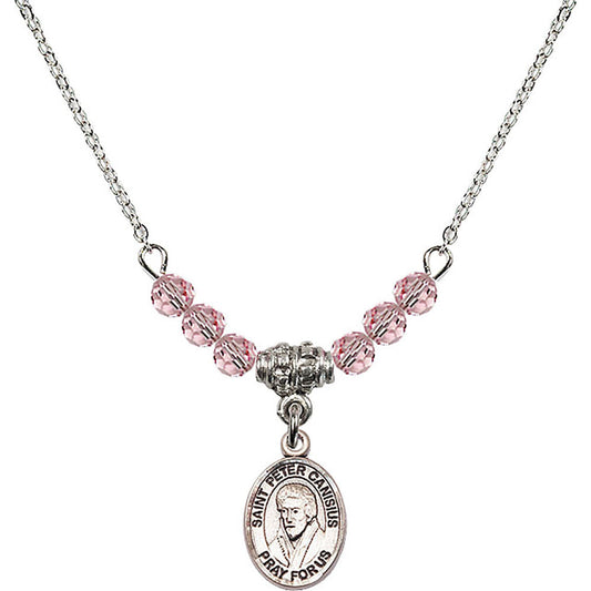 Sterling Silver Saint Peter Canisius Birthstone Necklace with Light Rose Beads - 9393