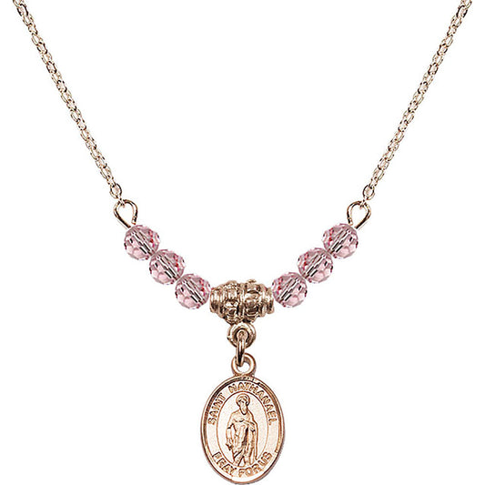 14kt Gold Filled Saint Nathanael Birthstone Necklace with Light Rose Beads - 9398
