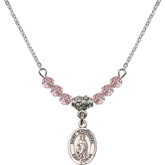 Sterling Silver Saint Nathanael Birthstone Necklace with Light Rose Beads - 9398
